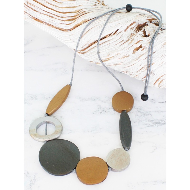 Adjustable Wooden Necklace with Mixed Shapes