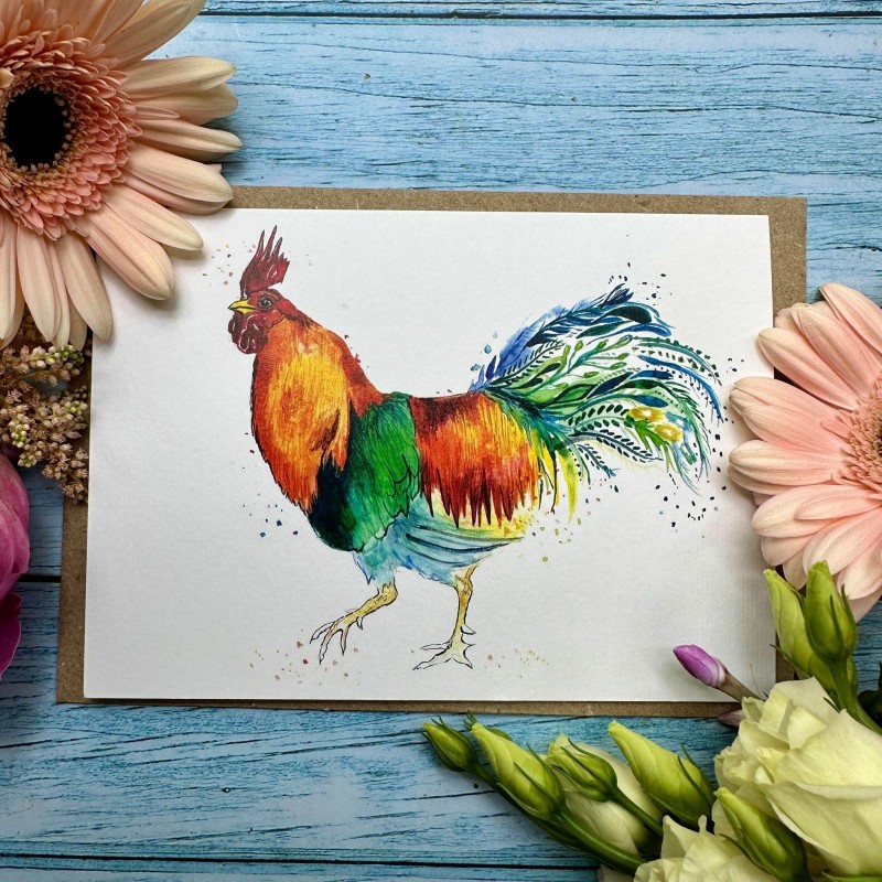 Watercolour Reggie The Rooster Greetings Card