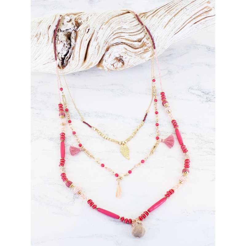 Triple Strand Beaded Charm Necklace