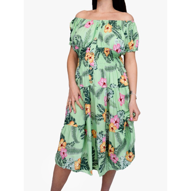Tropical Flower Print Button Detail Midi Dress