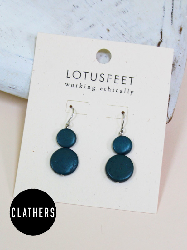 WOJEER0012 - Dark Teal Wooden Circle Stack Drop Earrings