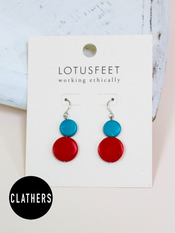 WOJEER0012 - Red Teal Wooden Circle Stack Drop Earrings