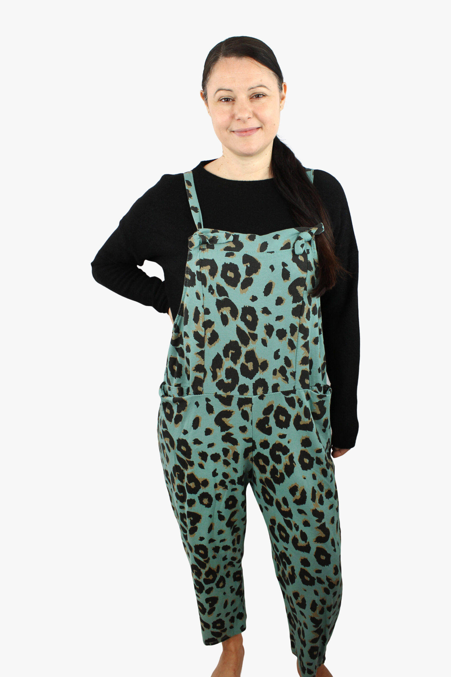 WOCLDG0003 - Leopard Print Dungarees - Teal