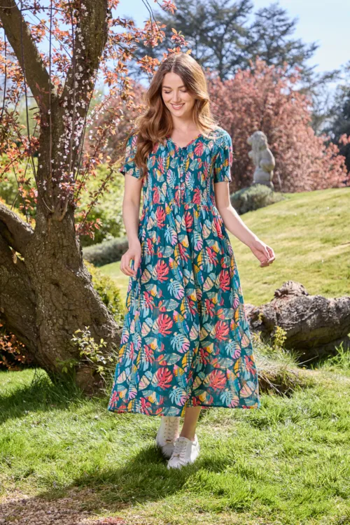 Leaf Pattern Button Up Midi Dress