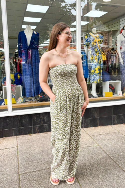 WOCLDR0046 - Bandeau Wide Leg Jumpsuit - Leopard Print - Olive