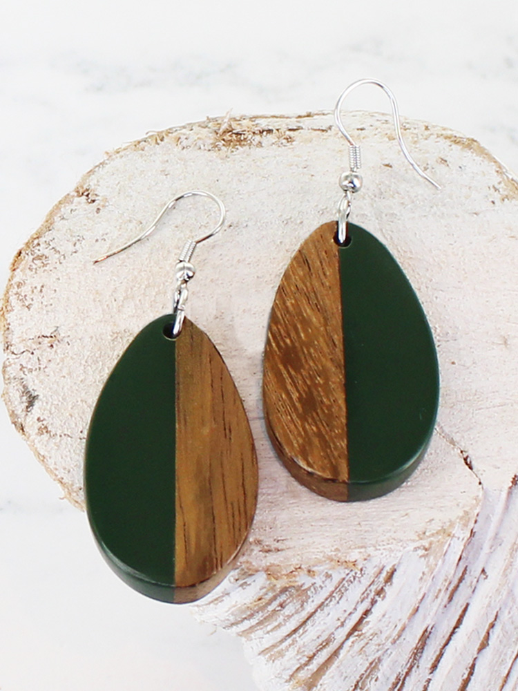 Resin and Wood Oval Drop Earrings