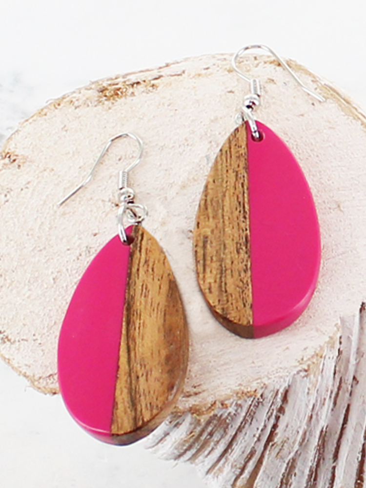 Resin and Wood Oval Drop Earrings