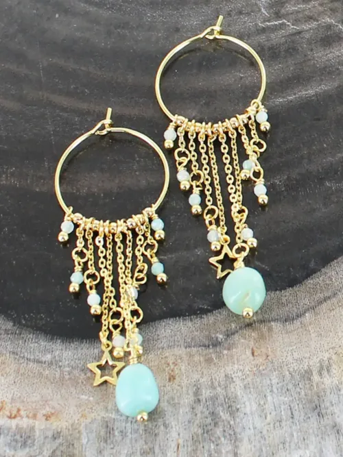 Amazonite & Chain Gold Hoop Drop Earring