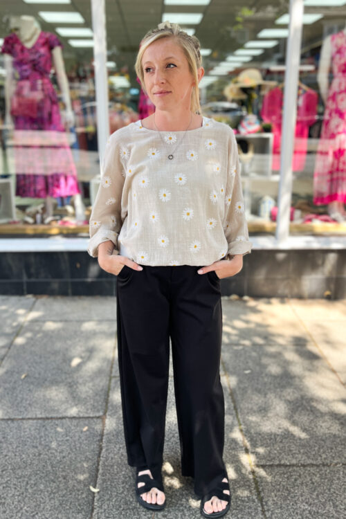 Daisy Print 3/4 Sleeve Linen Top