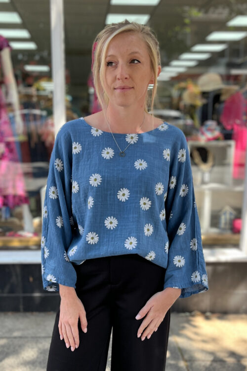 Daisy Print 3/4 Sleeve Linen Top