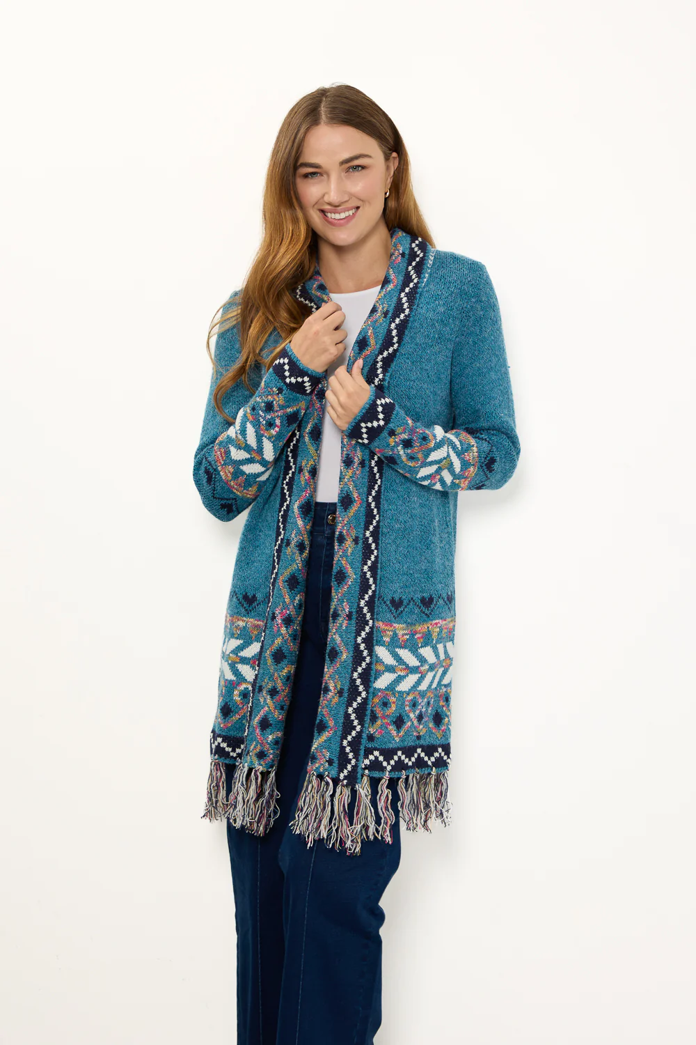 WOCLCA0035 - Blue Fair Isle Fringe Border Cardigan