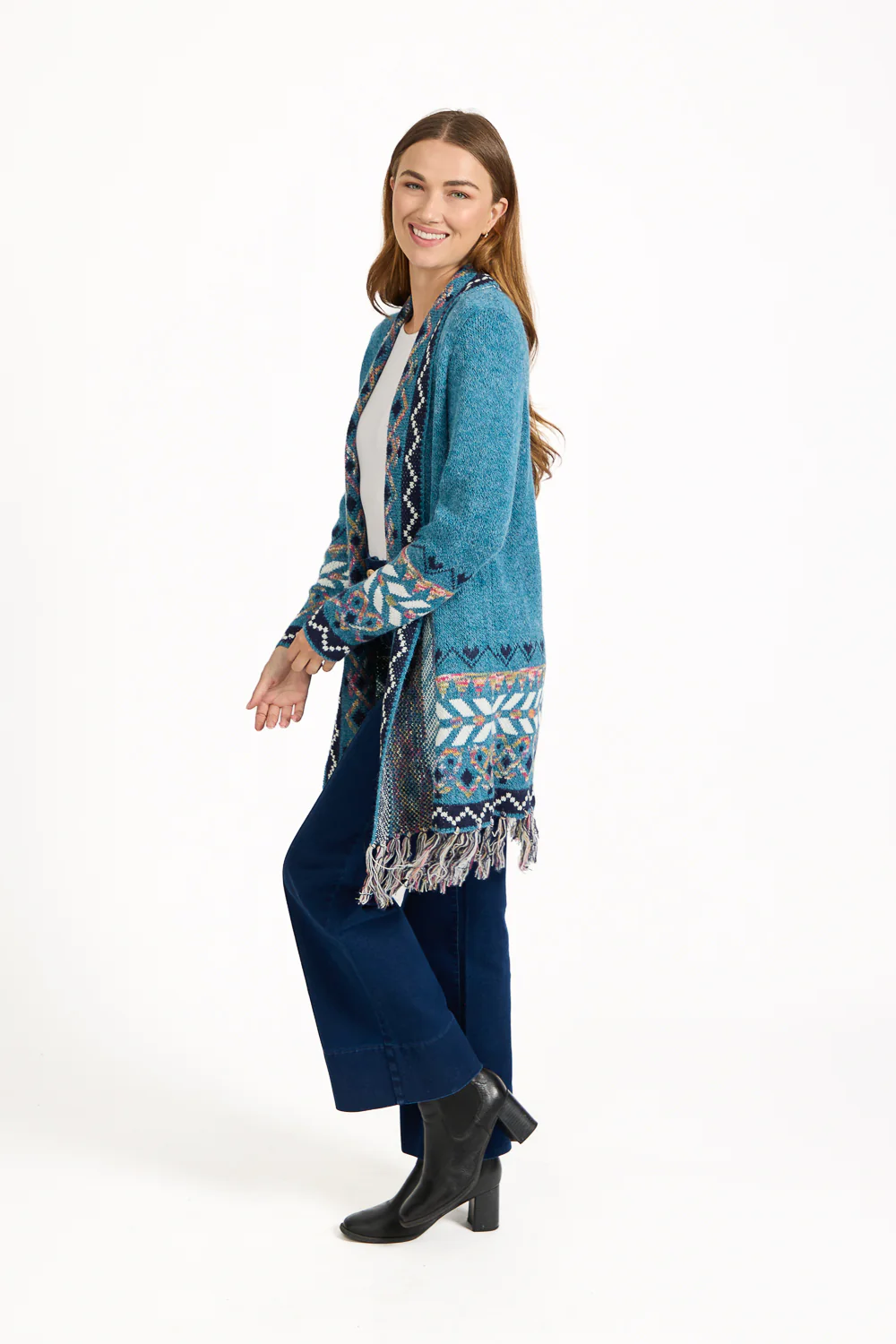 WOCLCA0035 - Blue 2 Fair Isle Fringe Border Cardigan