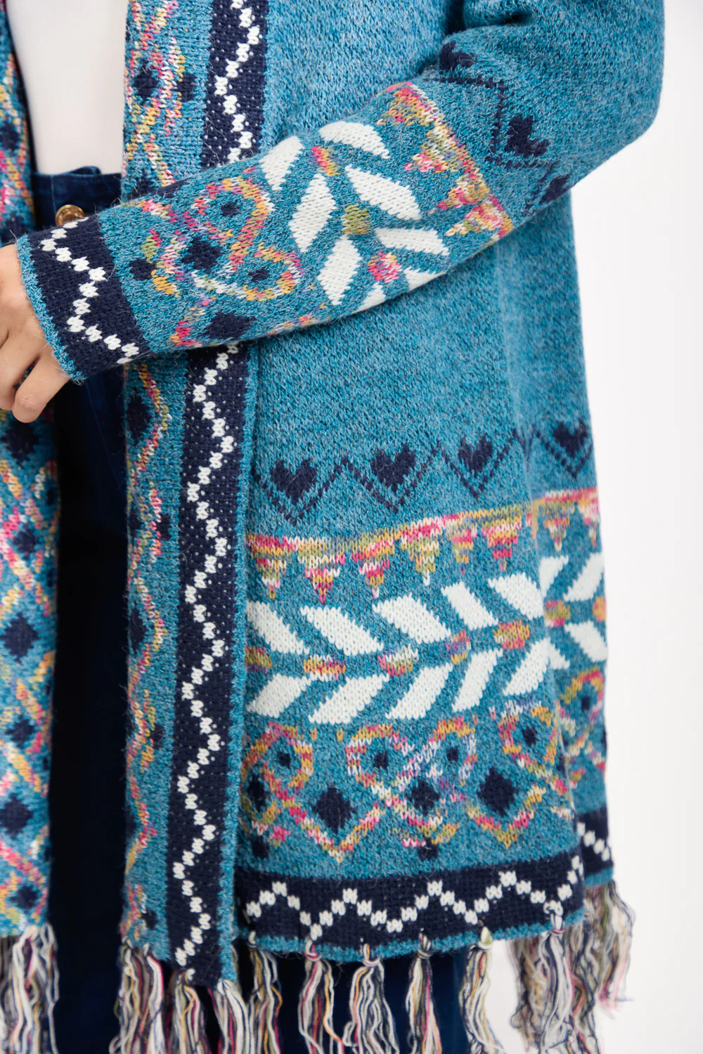 WOCLCA0035 - Blue 4 Fair Isle Fringe Border Cardigan