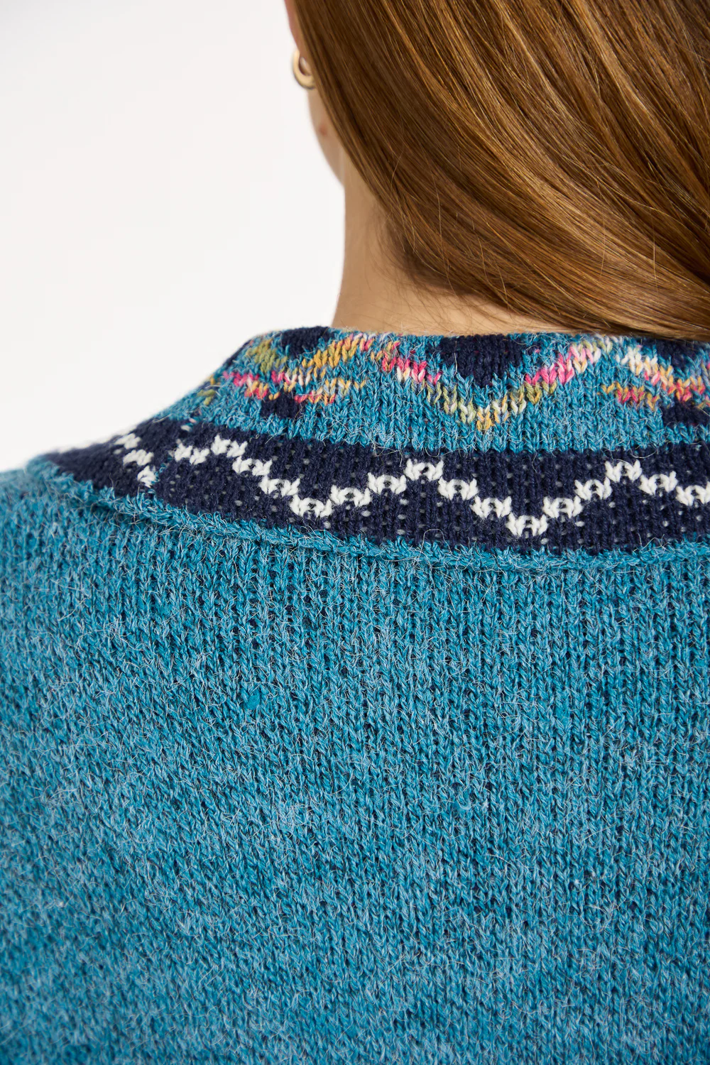 WOCLCA0035 - Blue 5 Fair Isle Fringe Border Cardigan