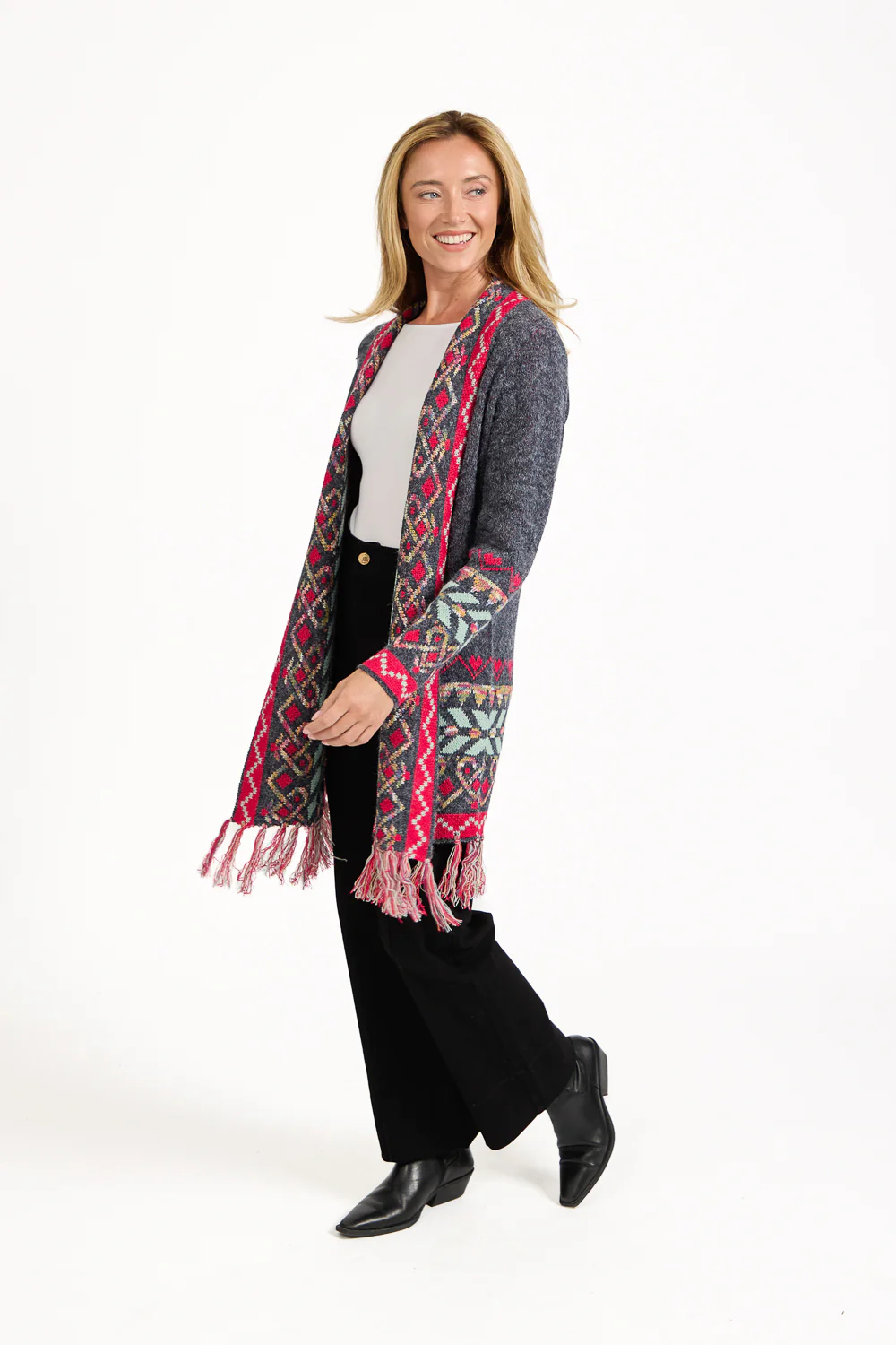 WOCLCA0035 - Grey 2 Fair Isle Fringe Border Cardigan
