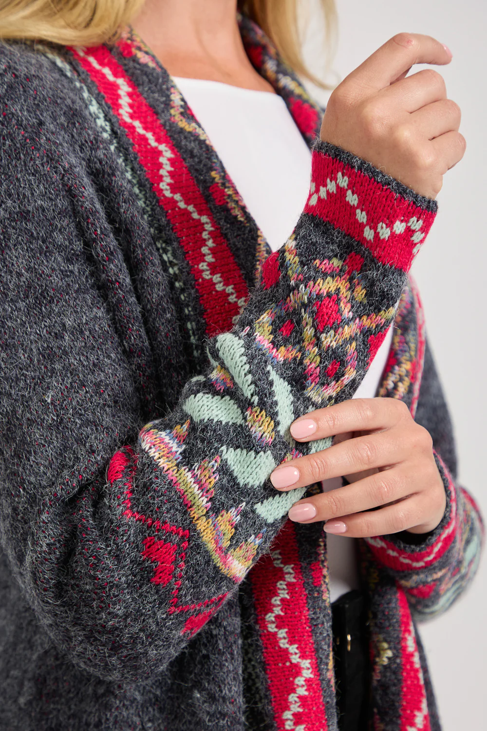 WOCLCA0035 - Grey 3 Fair Isle Fringe Border Cardigan