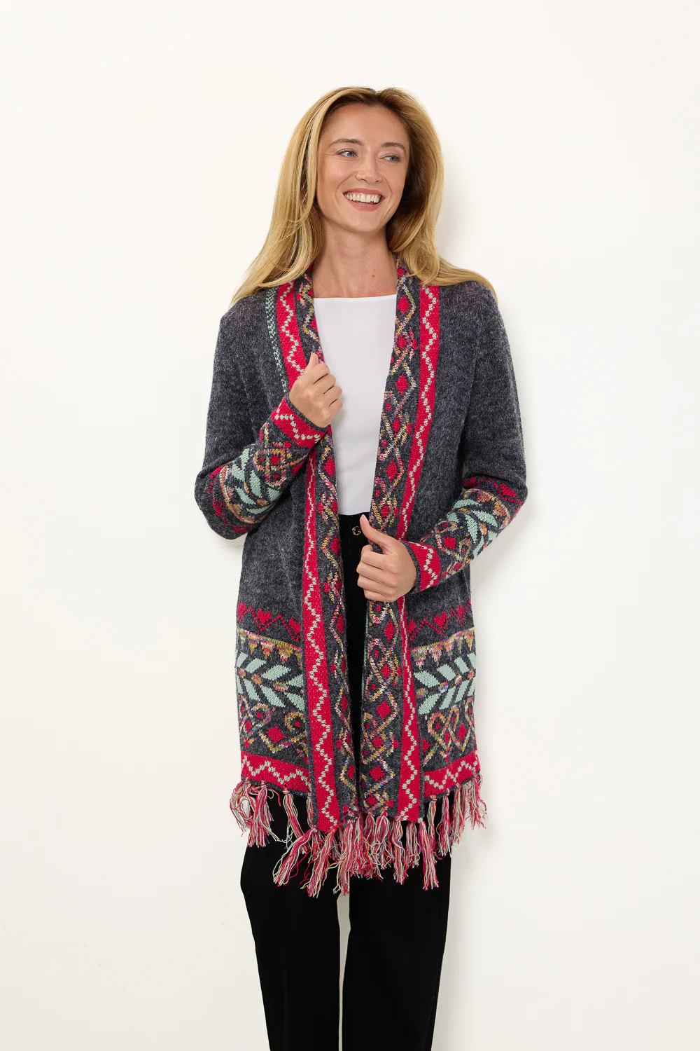 WOCLCA0035 - Grey Fair Isle Fringe Border Cardigan