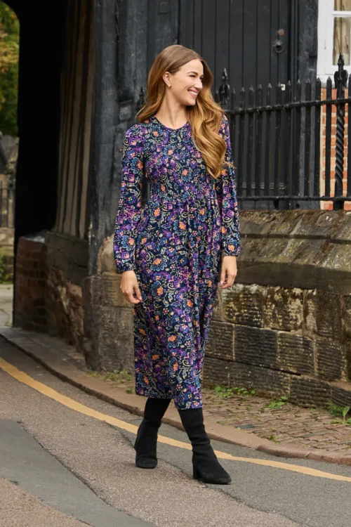 Floral Shirred Bodice Midi Dress