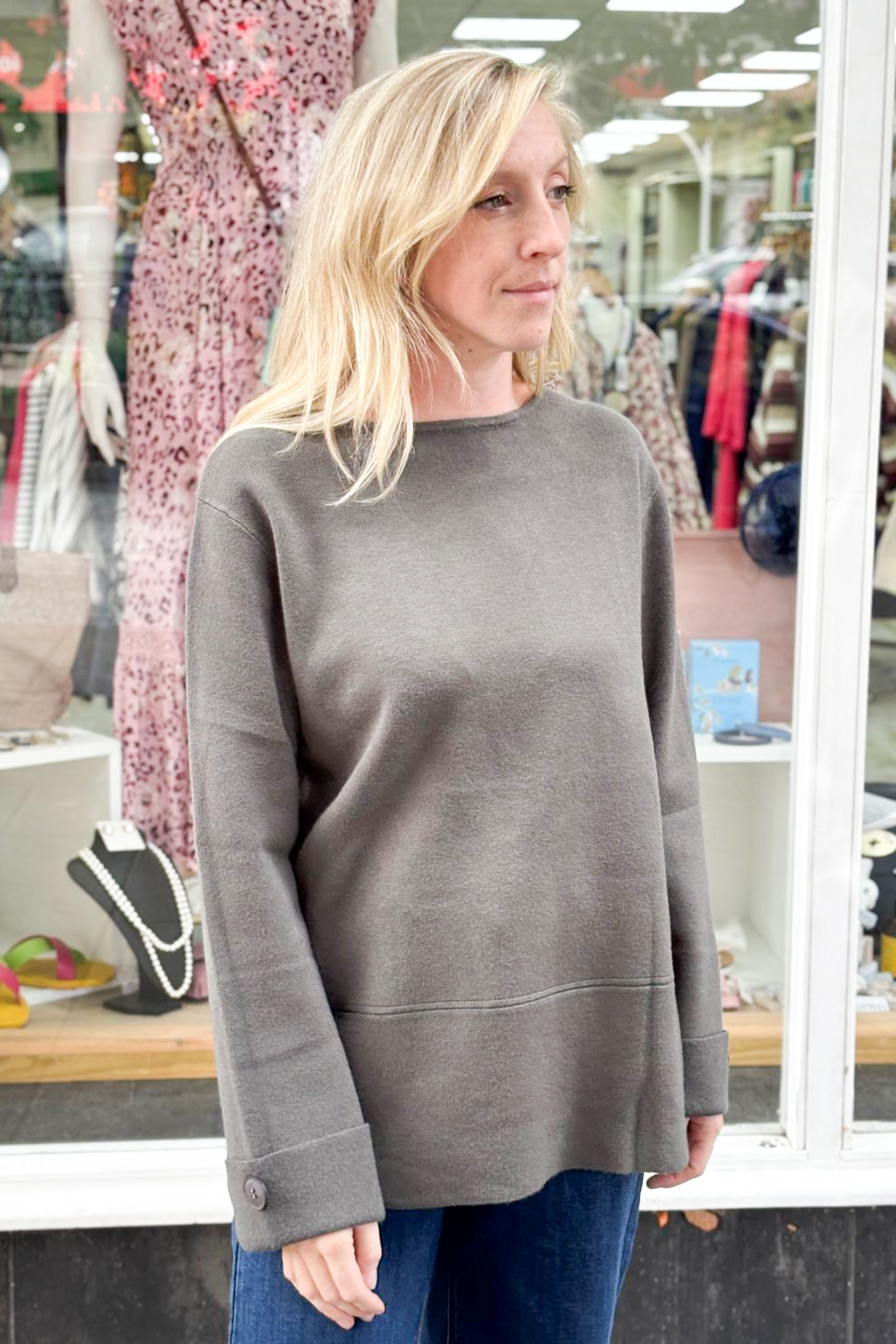 WOCLJU0052-2 Button Cuff Boxy Jumper