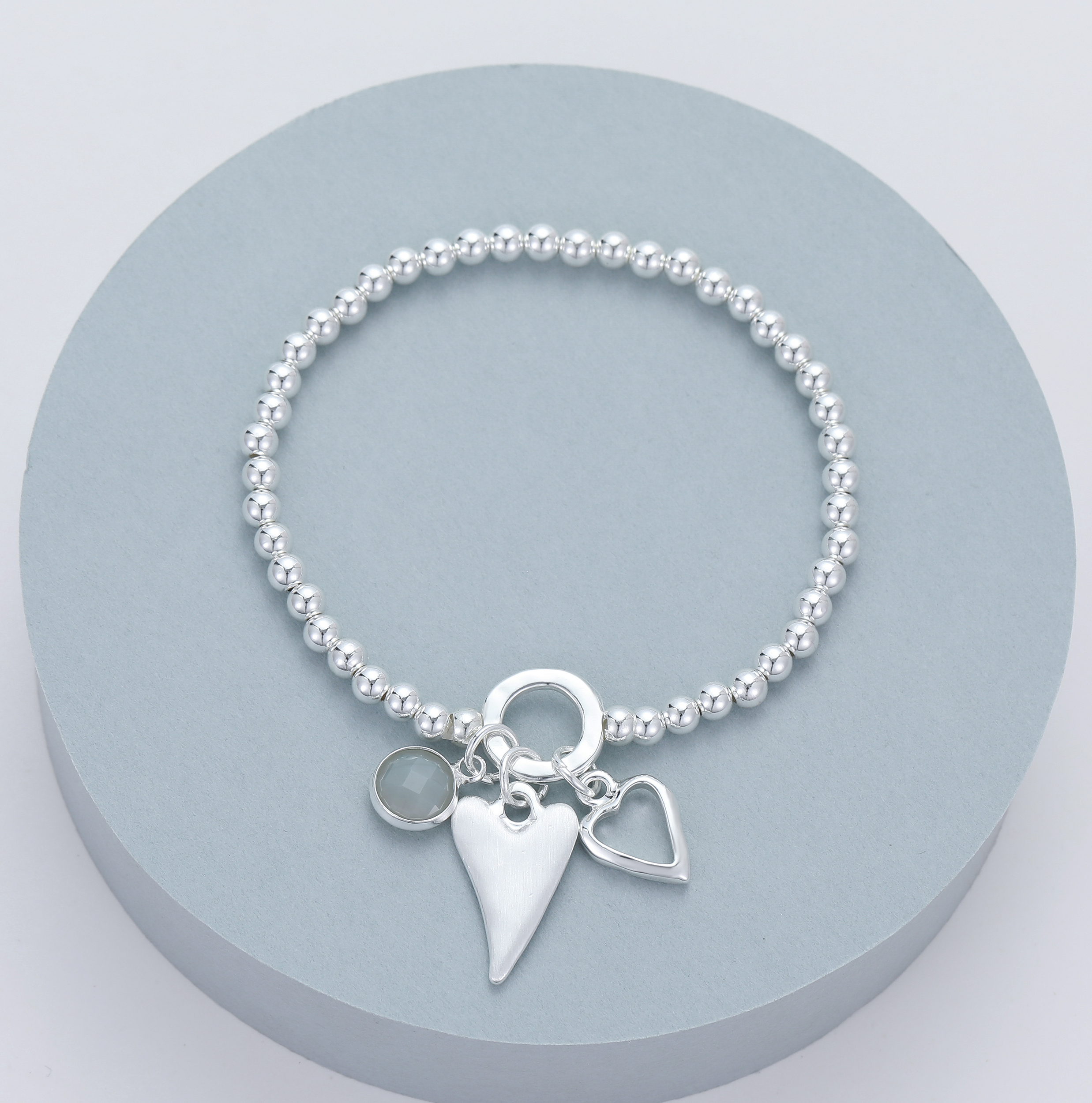 WOJEBA0106 - Silver Beaded Heart Pendant Bracelet