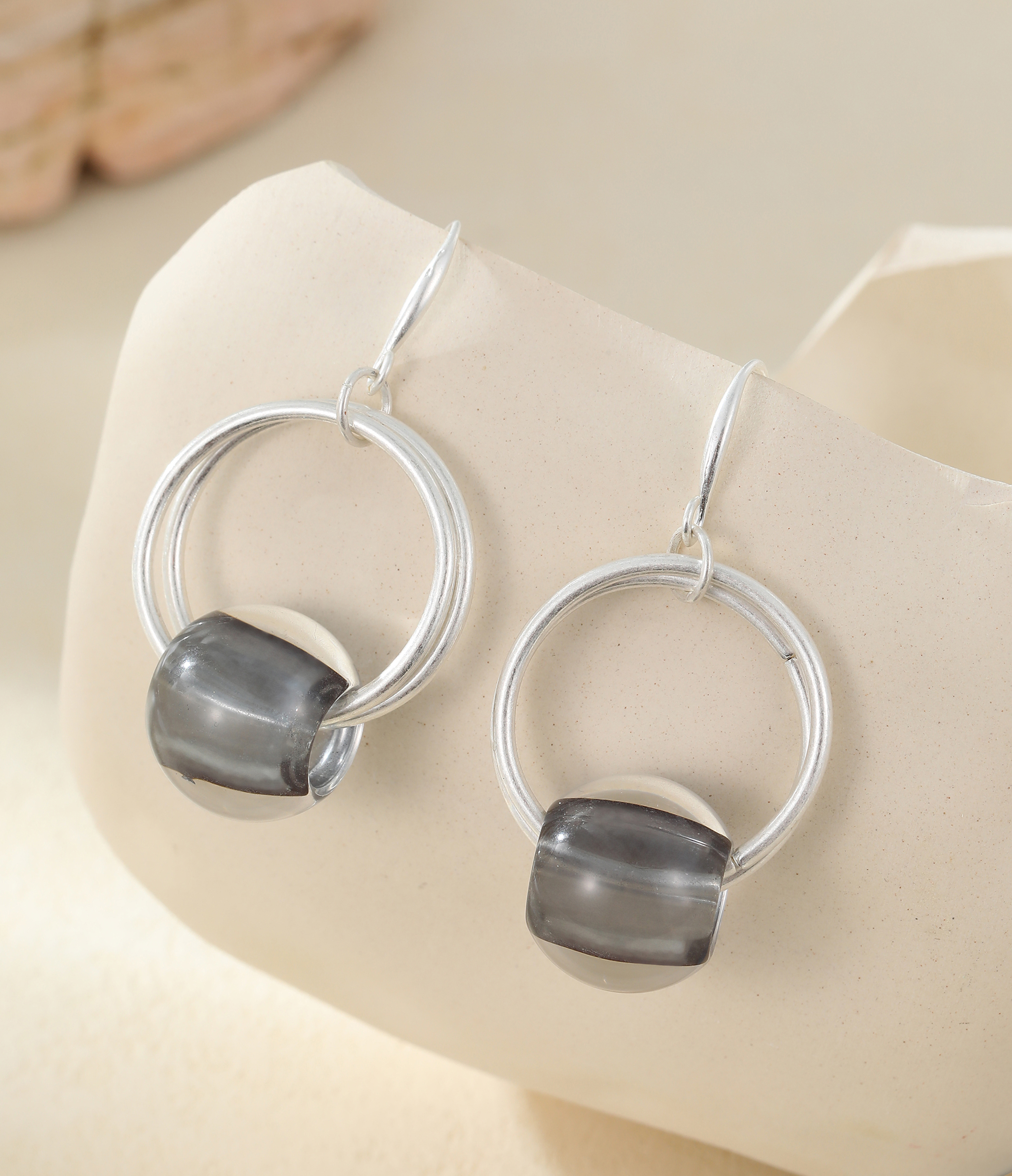 WOJEER0380 - Silver Hoop and Bead Drop Earrings