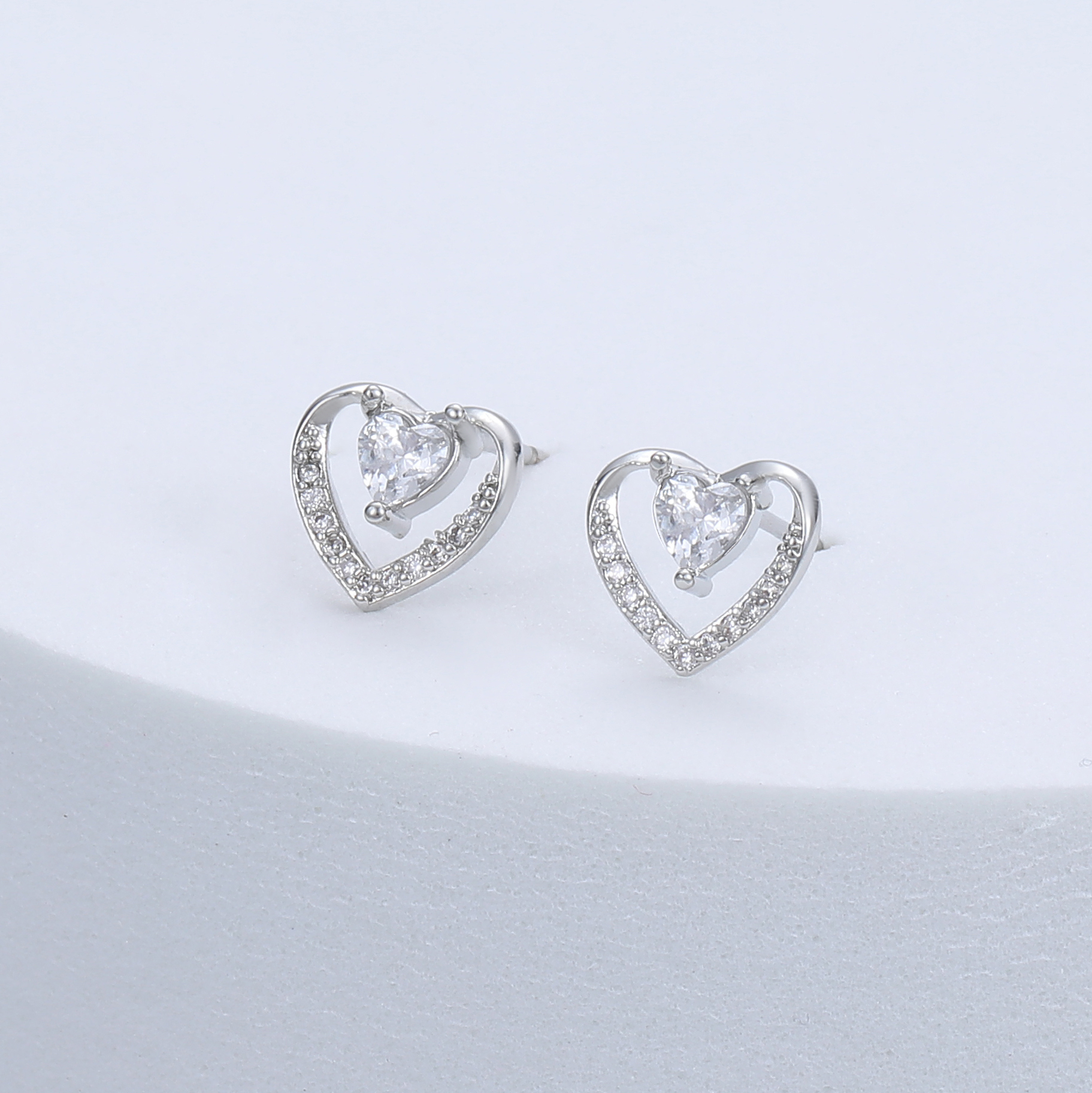 Diamante Double Heart Stud Earrings