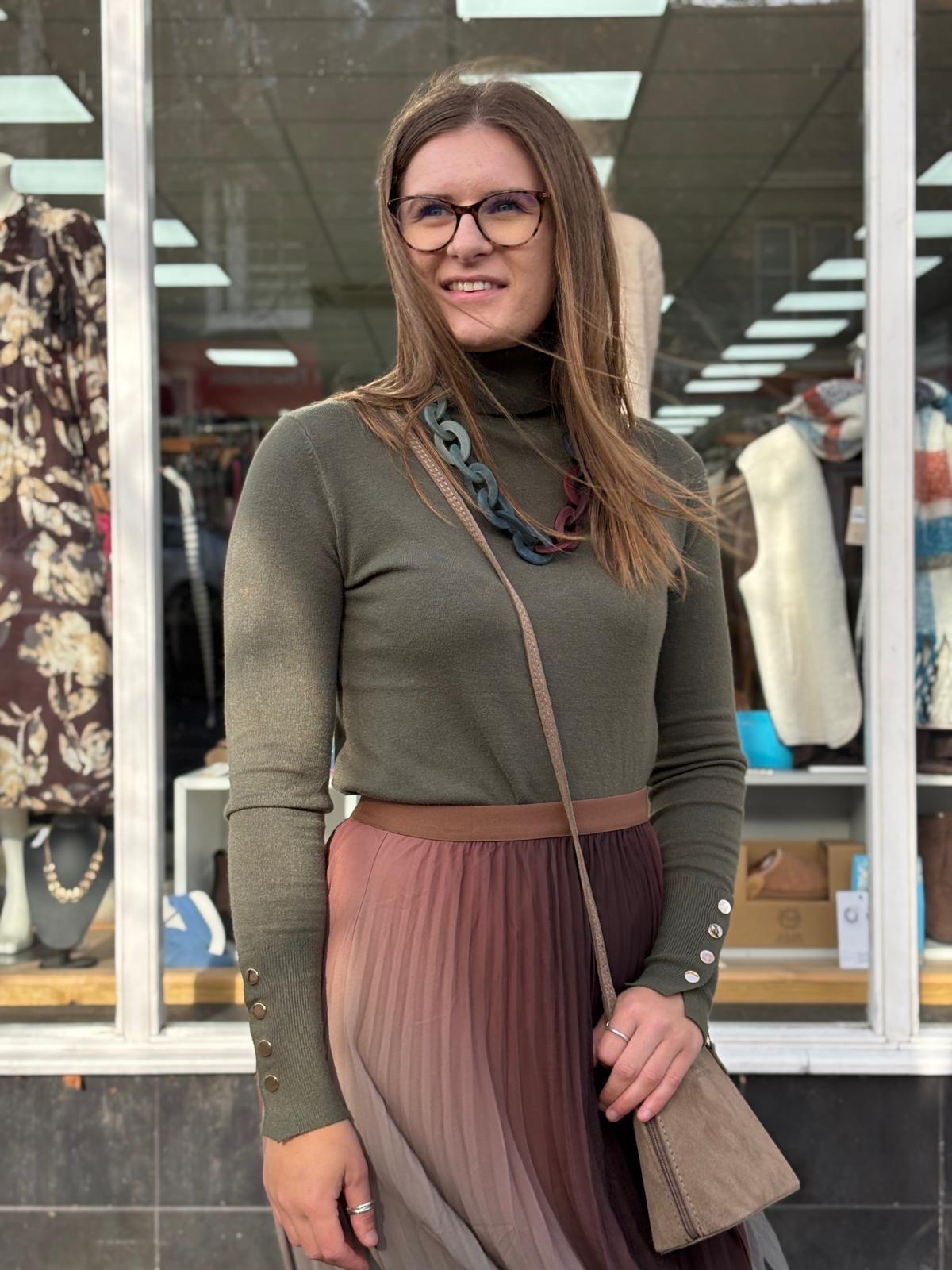 Shop the look - Clathers Minehead - Winter Occasion wear - Ombre pleated midi skirt, High neck khaki jumper, Horn loop chain necklace