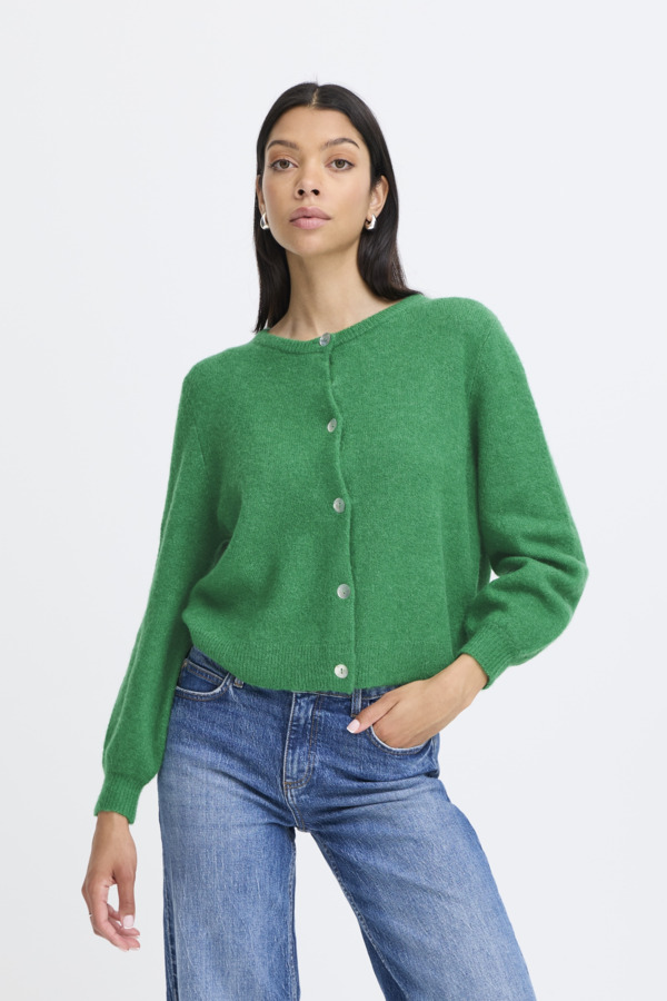 WOCLCA0044 - Green 5 Fine Knit Contrast Button Cardigan
