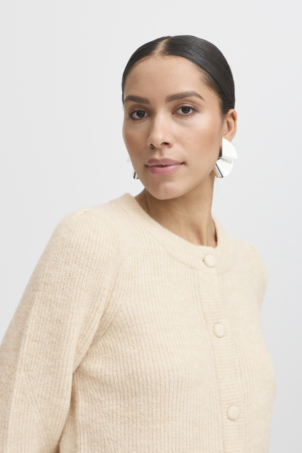 WOCLCA0045 - Oatmeal 2 Pleated Shoulder Buttoned Cardigan