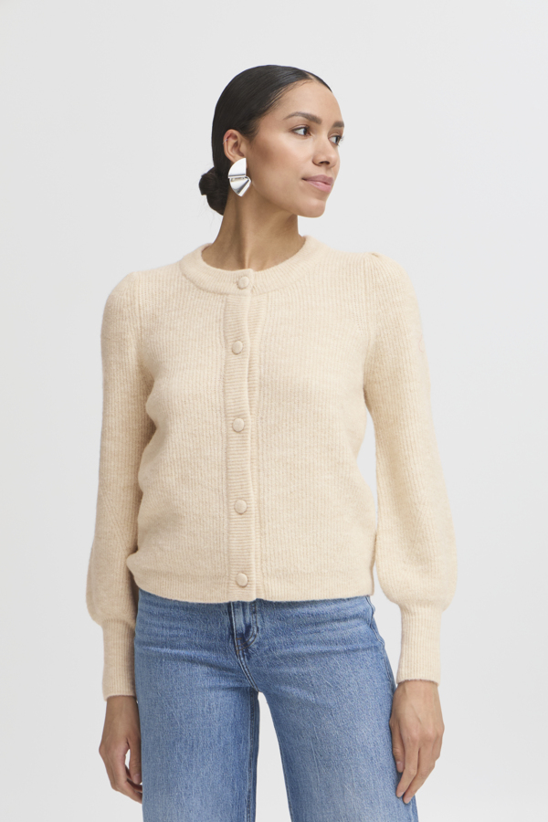 WOCLCA0045 - Oatmeal 4 Pleated Shoulder Buttoned Cardigan