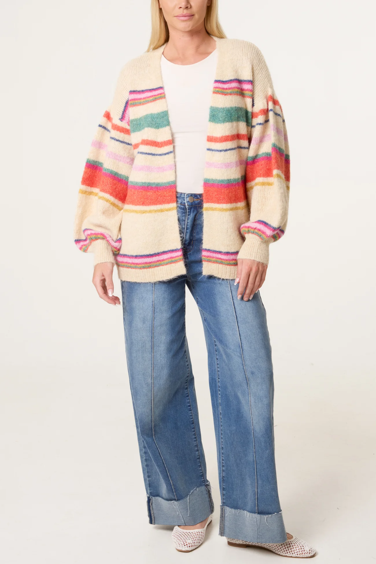 Balloon Sleeve Striped Cardigan