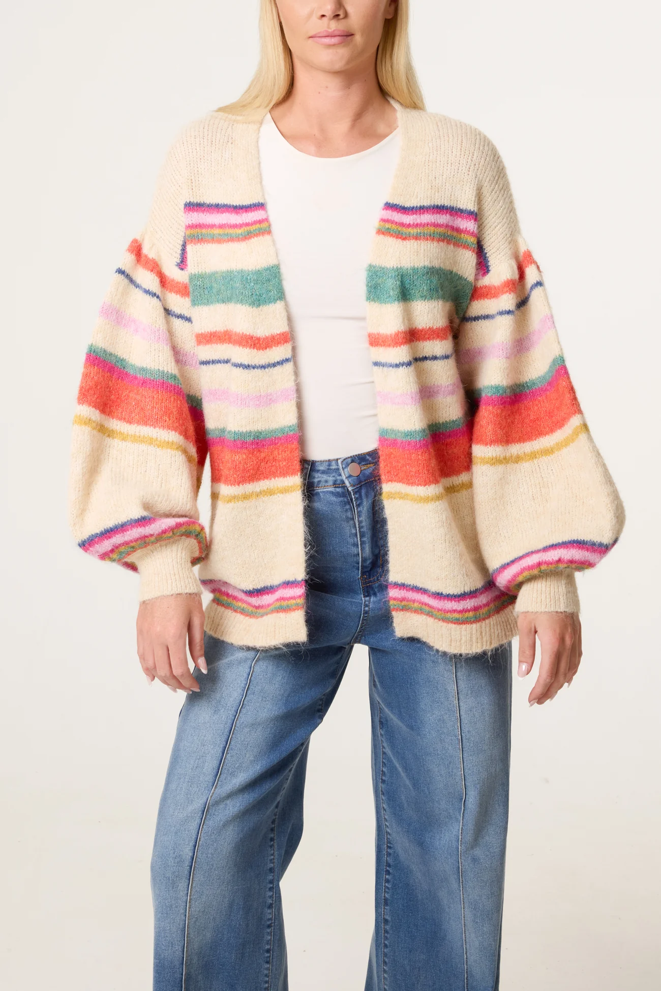 Balloon Sleeve Striped Cardigan