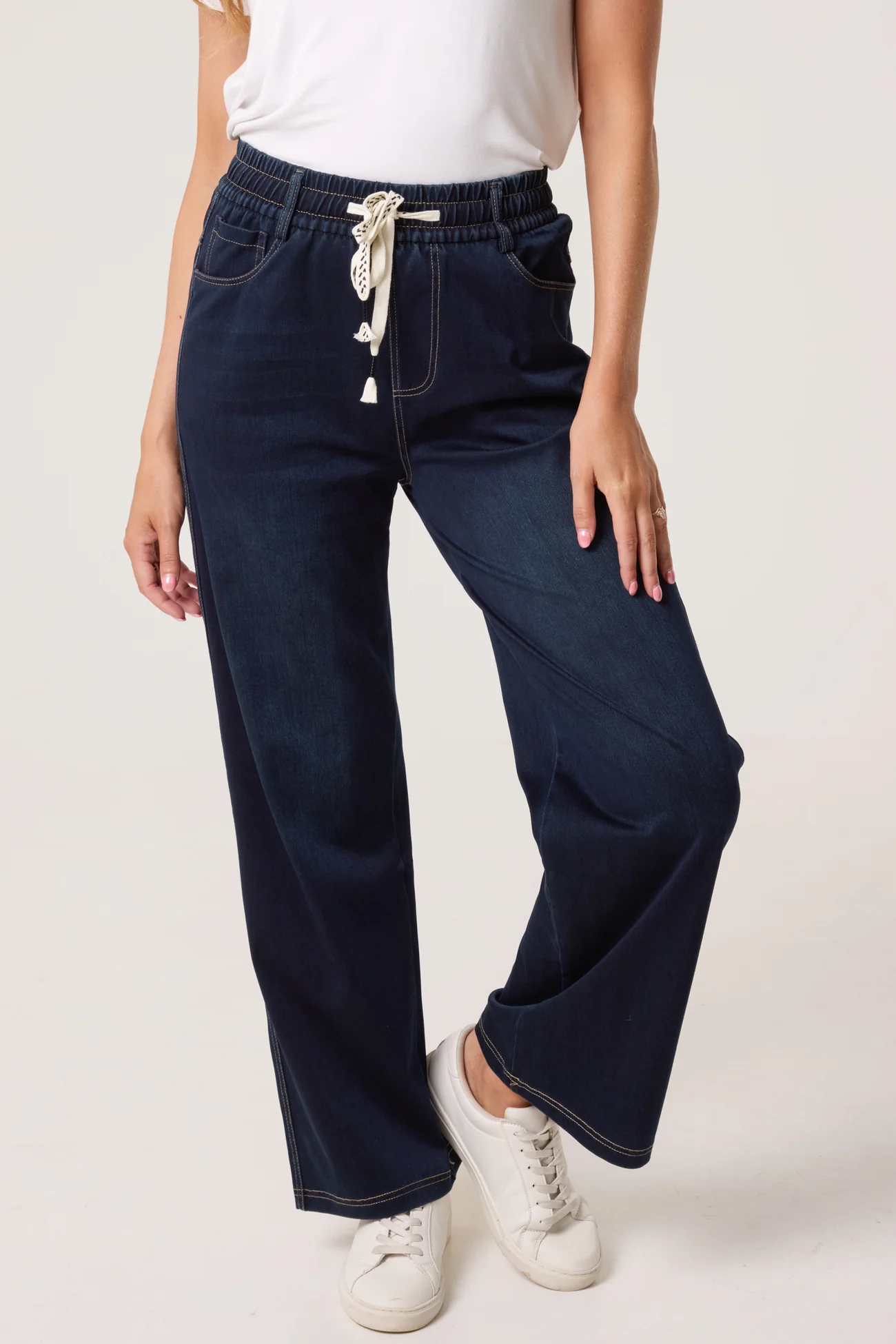 Lightweight Elasticated Wide Leg Jeans - Dark Blue