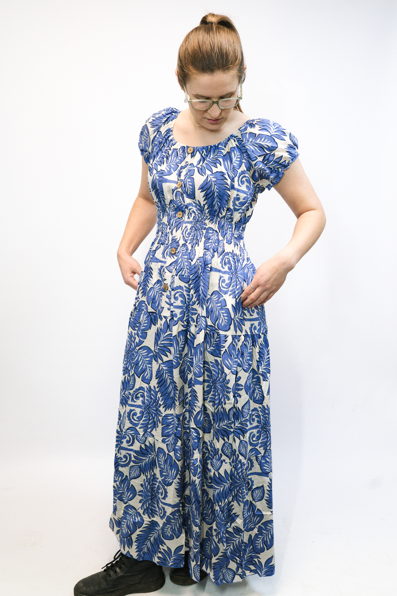 Blue Leaf Print Maxi Dress