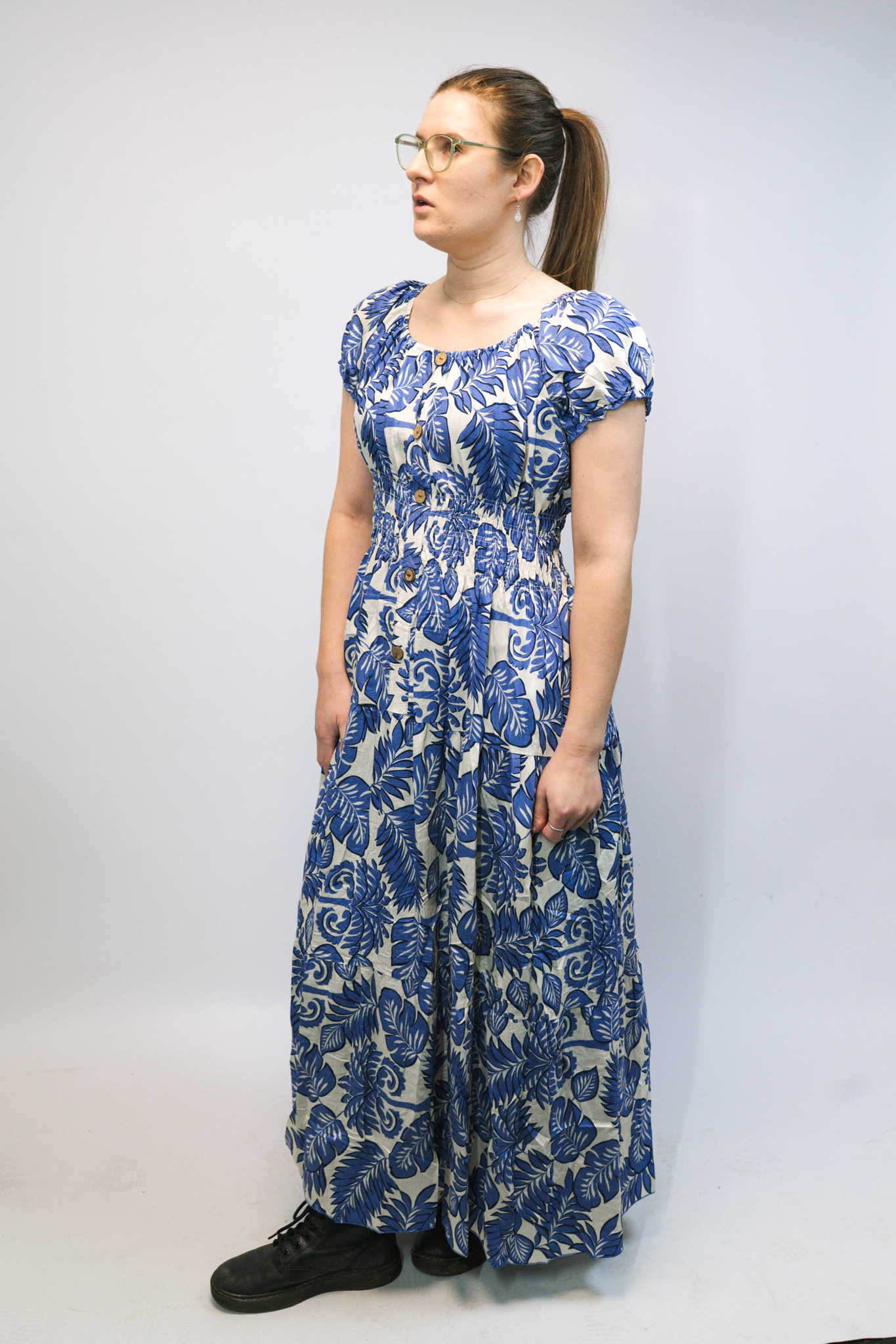 WOCLDR0118 - 2 Blue Leaf Print Maxi Dress