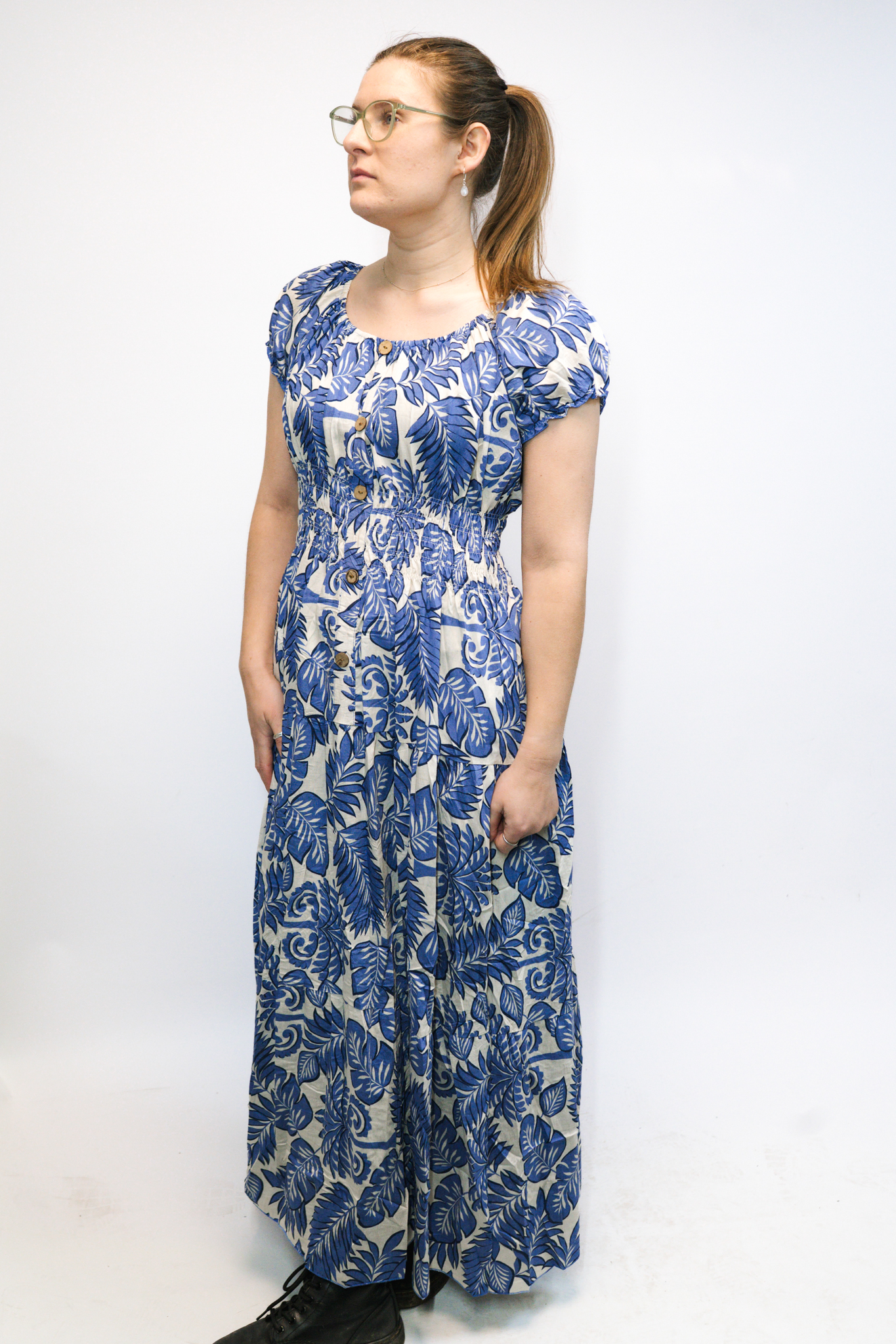 Blue Leaf Print Maxi Dress