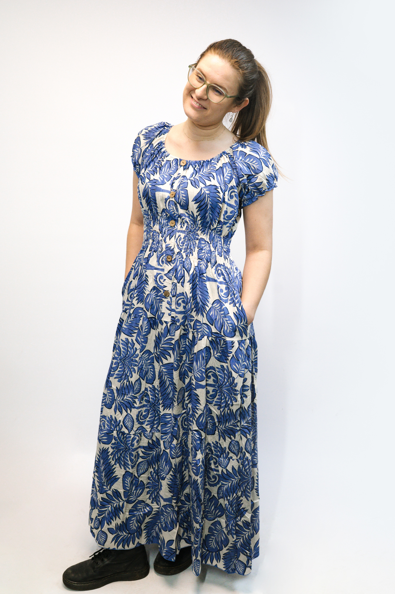 WOCLDR0118 - 4 Blue Leaf Print Maxi Dress