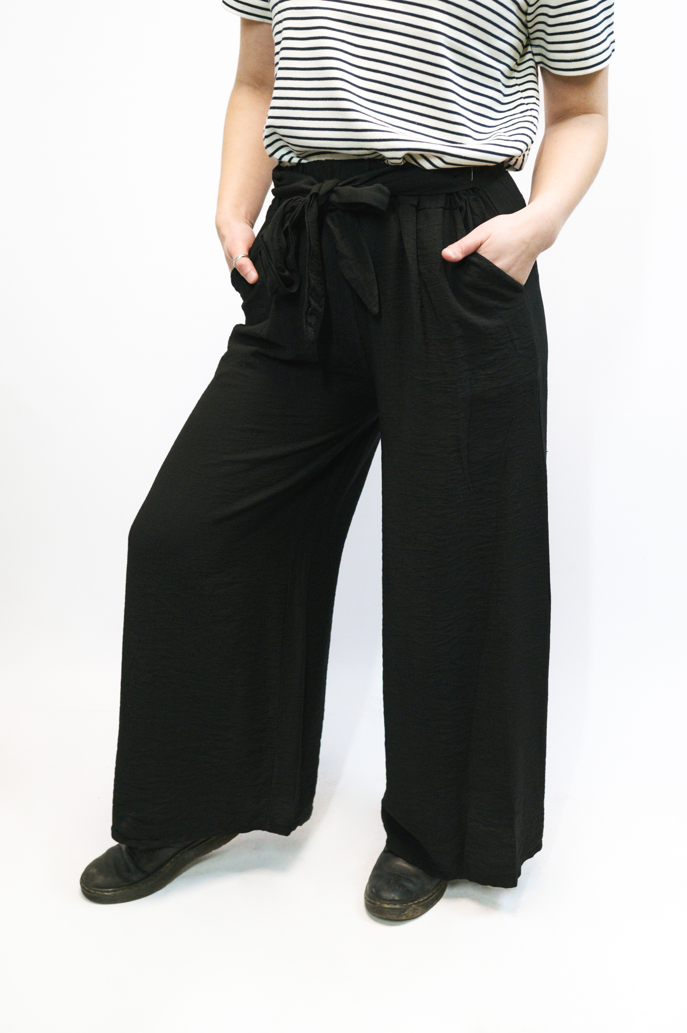 Black Tie Waist Wide Leg Trousers