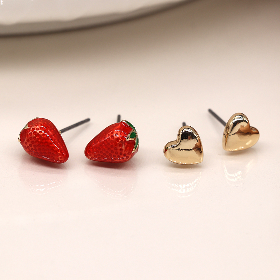 Strawberry & Heart Stud Earring Set