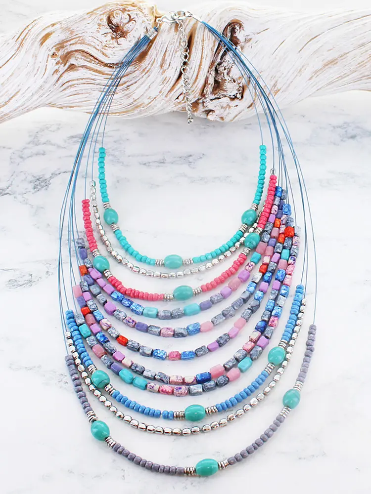 WOJENE00309 - BLUE Layered Mixed Bead Necklace