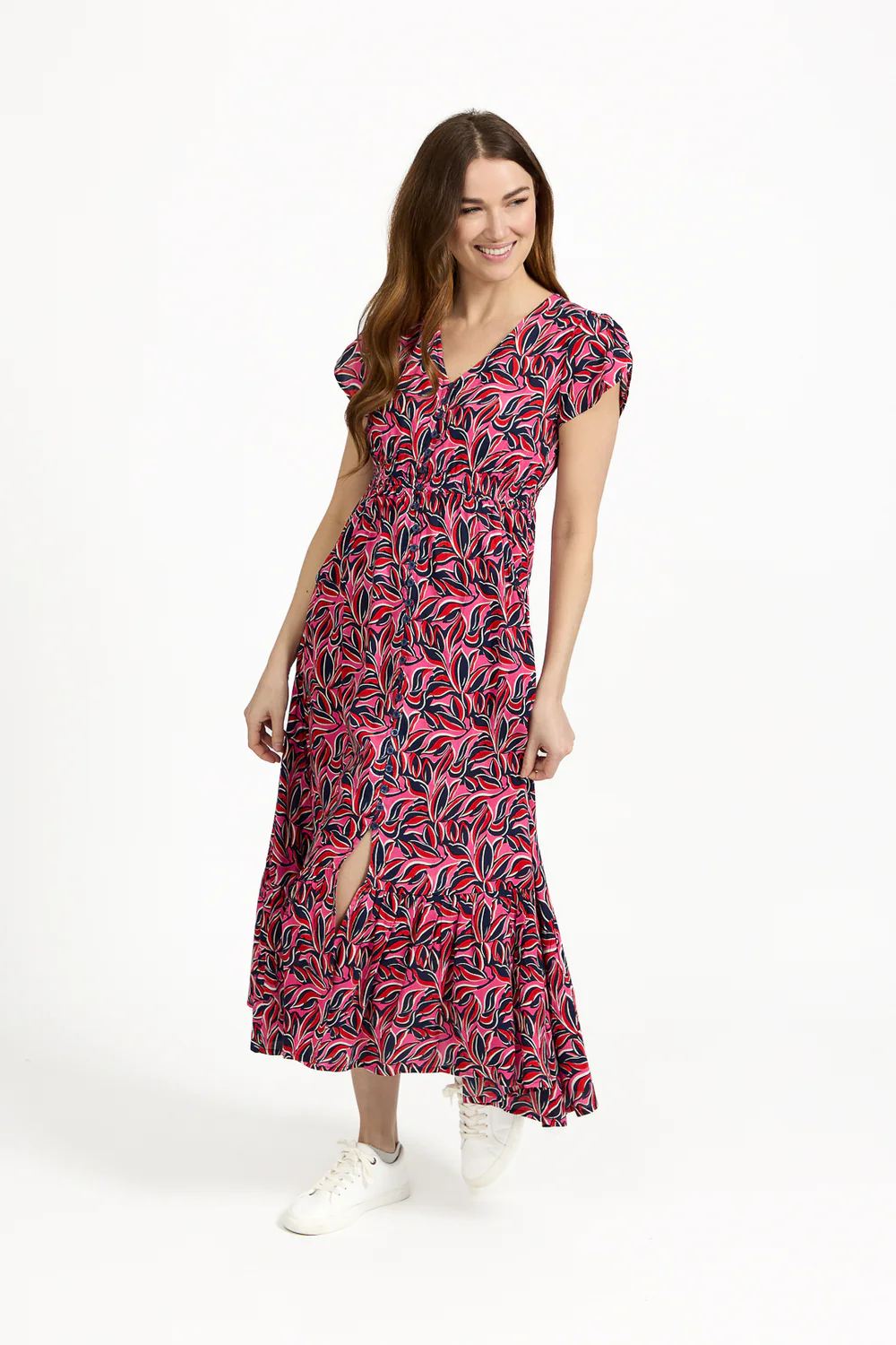 Abstract Leaf Patterned Midi Dress