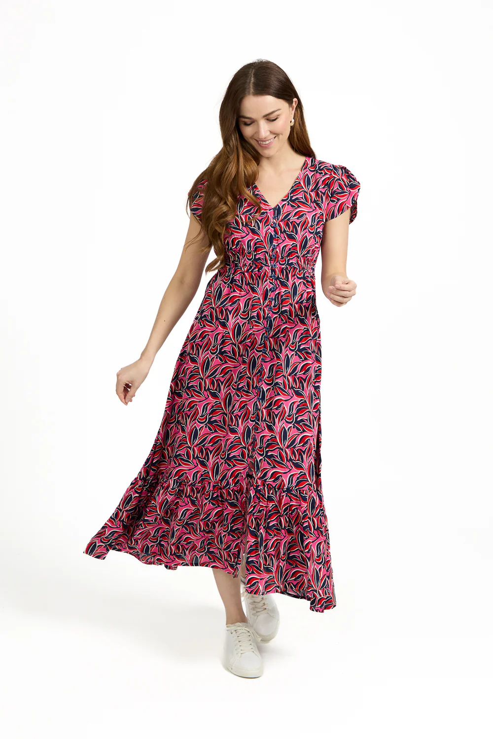 Abstract Leaf Patterned Midi Dress